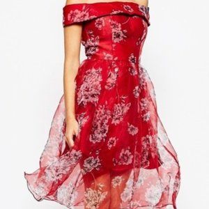 CHI CHI LONDON Red Off Shoulder Organza Midi Dress